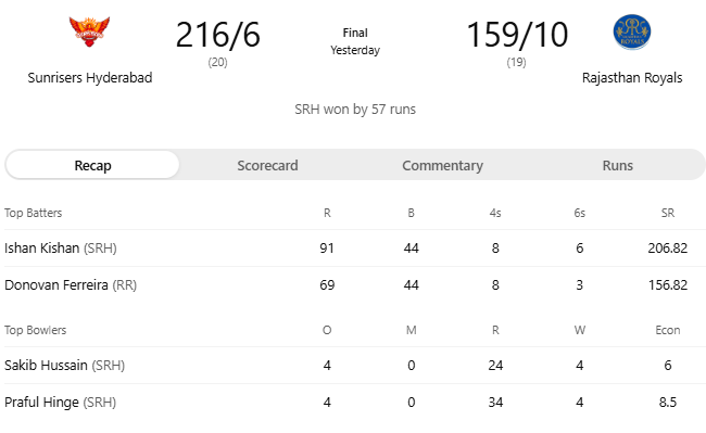 Sakib Hussain – SRH vs RR IPL 2026 Match No. 21st Performance